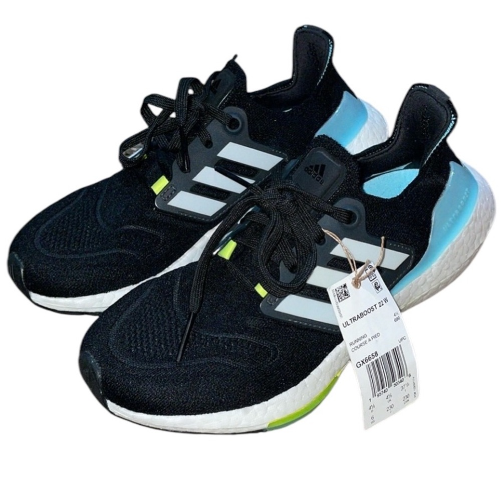 Adidas Ultra Boost 22 Core Black Blue Yellow women’s running shoe